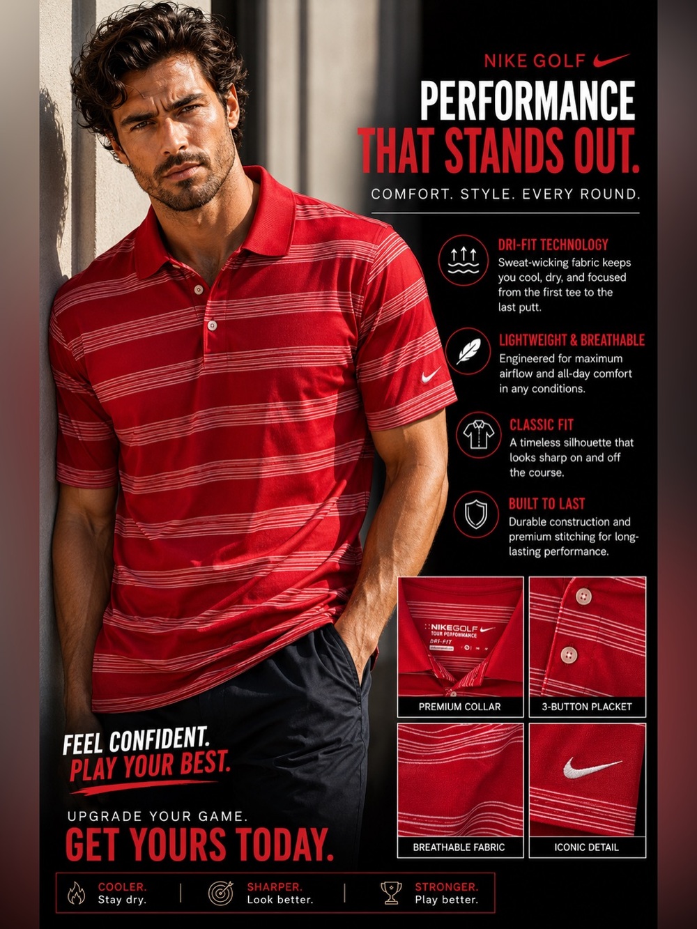 Nike Men’s Red Striped Dri-FIT Golf Polo size medium